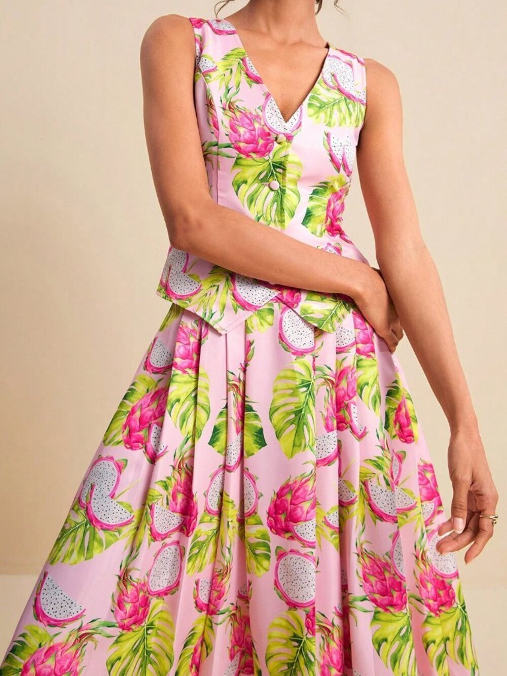 Pink Boho Women's Dragonfruit Tropical V-Neck Sleeveless Top & Skirt 2-Piece Set - Picture 3 of 7